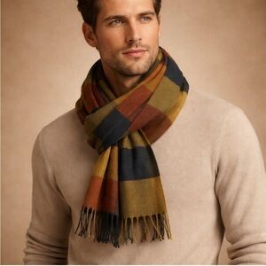 Men’s Plaid Scarf – Olive / Navy / Rust – Fringe Trim